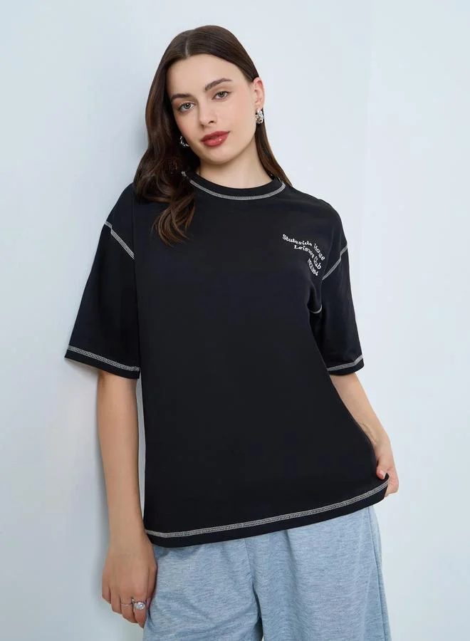 Styli Black Embroidered Oversized T-Shirt with Contrast Stitching